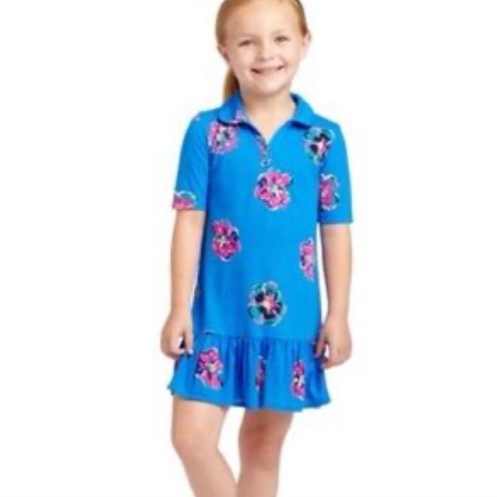 Lilly Pulitzer Dress Girls L 8-10 Pima Cotton Floral Blue Short Sleeve Polo